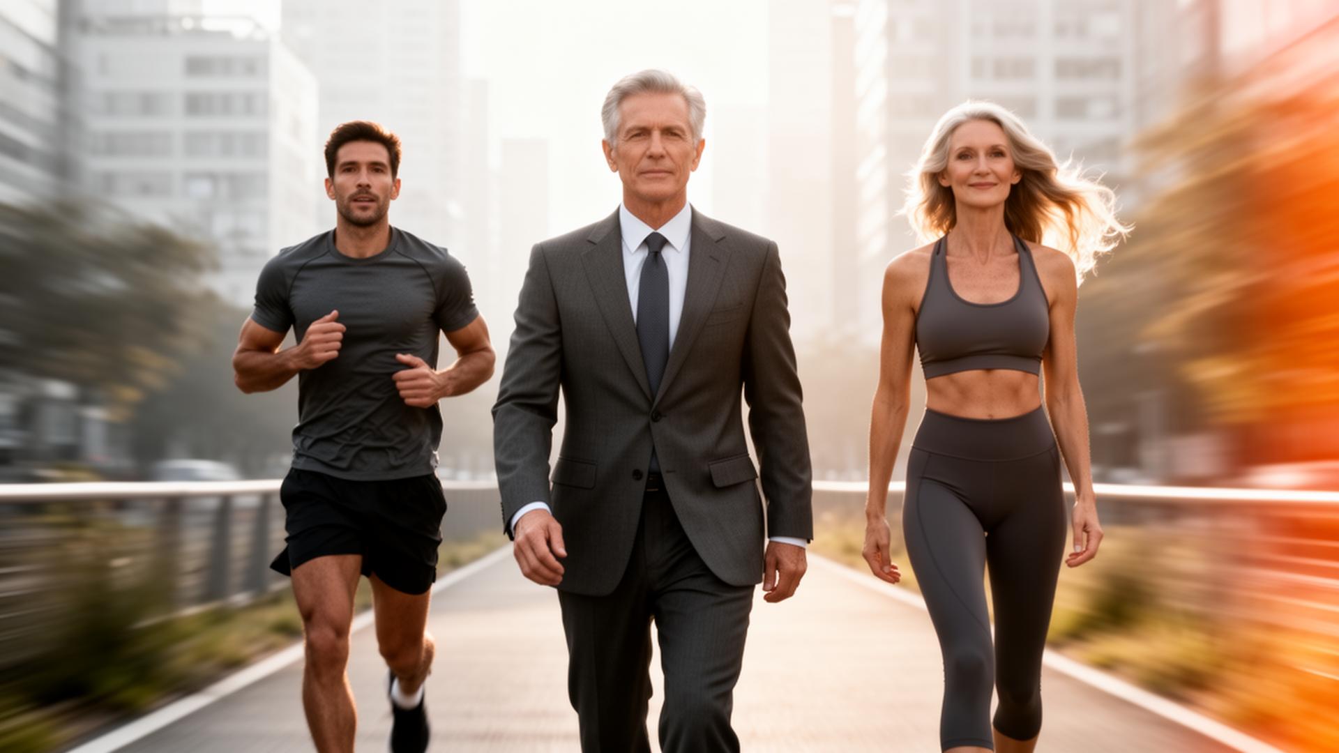 Diverse high-performing adults — executive, runner, yoga, doctor — with DNA helix